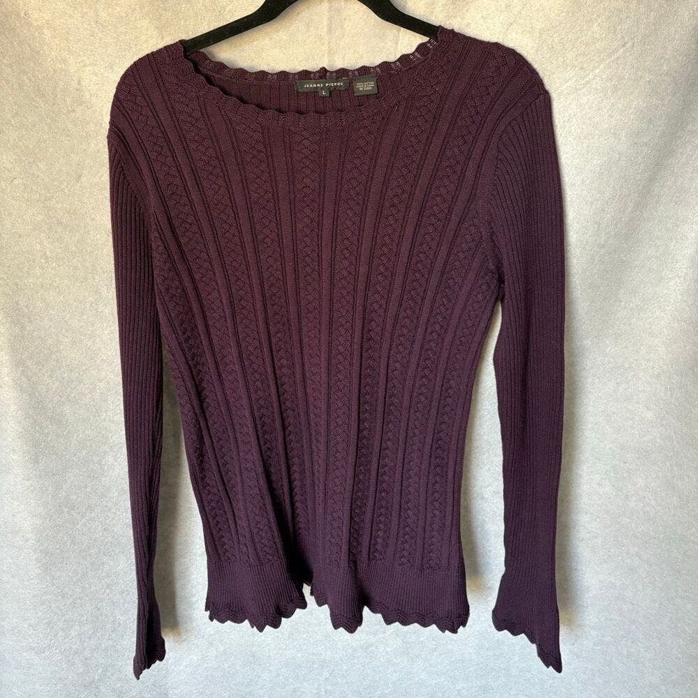 Jeanne Pierre Cotton Crewneck Ribbed Knit Eggplant Prple size L Heritage Classic